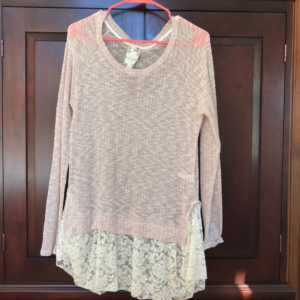 Lace trimmed long sleeve sweater